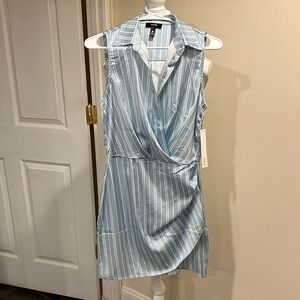 Aqua Light Blue and White Striped Sleeveless Wrap Dress